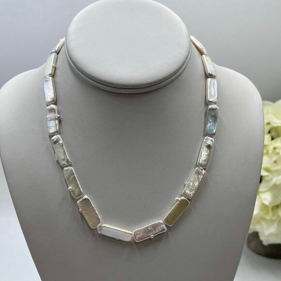 Sterling Silver Biwa Rectangular Pearl White Freshwater Iridescent necklace - Picture 2 of 8